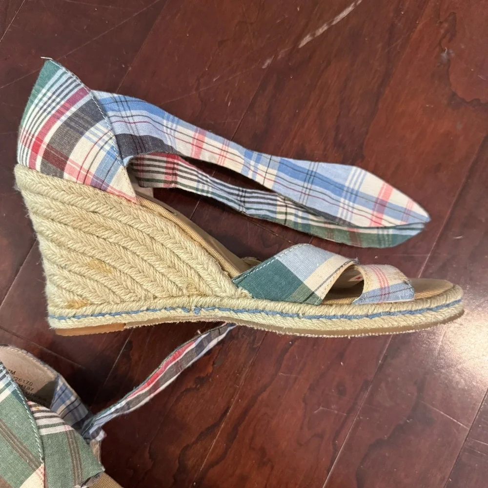 Tommy Hilfiger Plaid Espadrille Wedge Sandals Fabric Ankle Tie 3.5